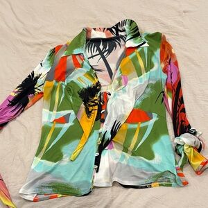 Tropical Print Button-Up Blouse